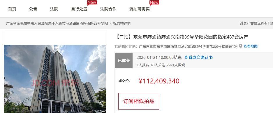 开云入口-东莞市一个小区487套房产打包拍卖,被人底价1.124亿元竞得